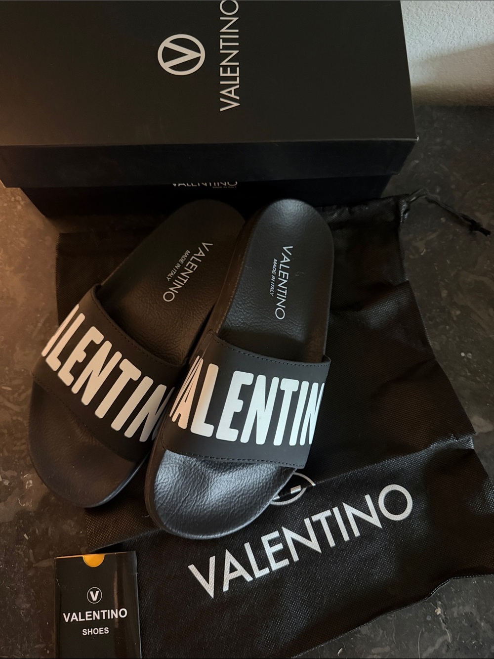 Valentino Black Slides with White Bold Logo